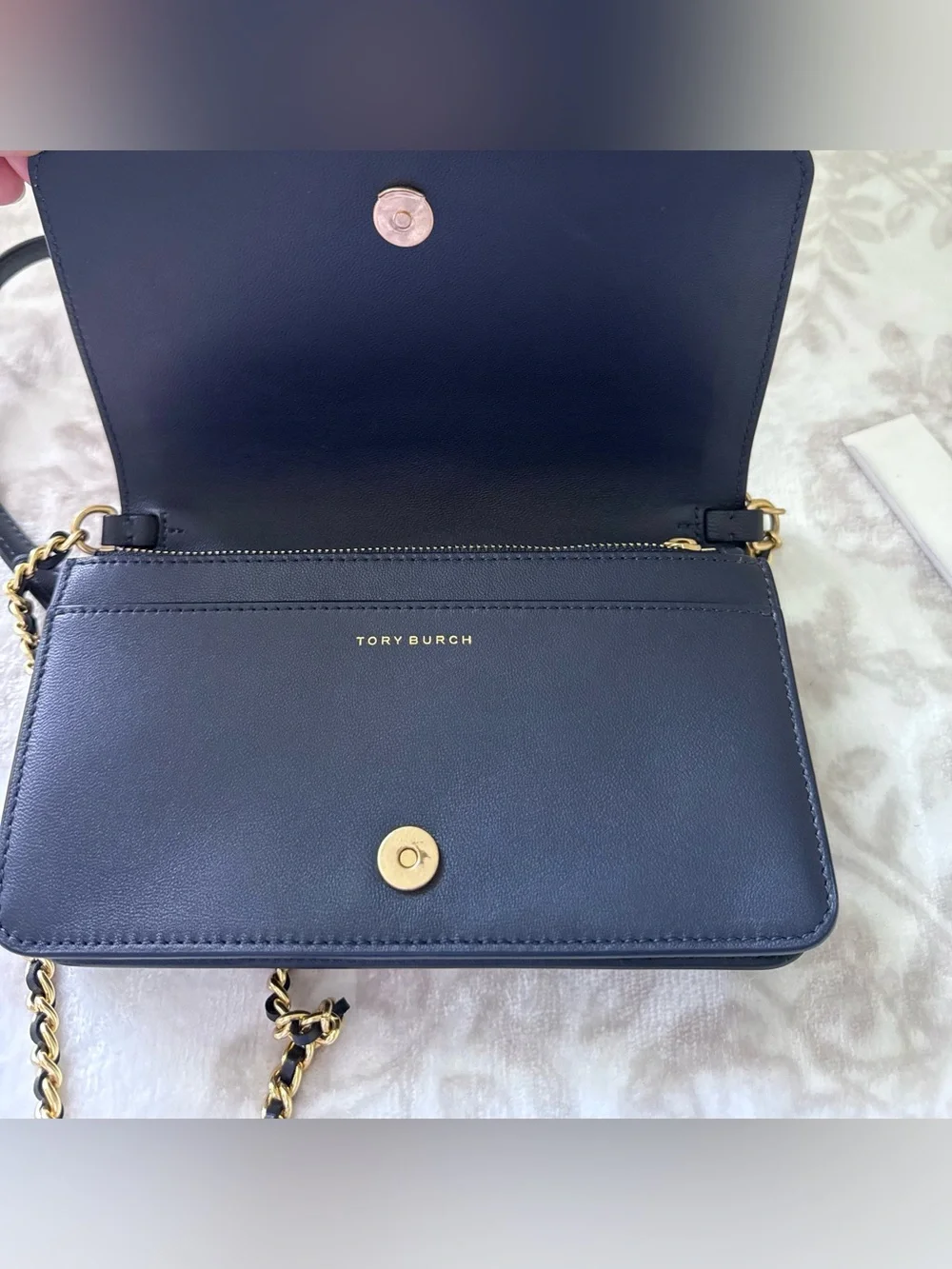 Tory Burch Fleming Soft Printed Floral Navy Leather Wallet Chain Crossbody Bag